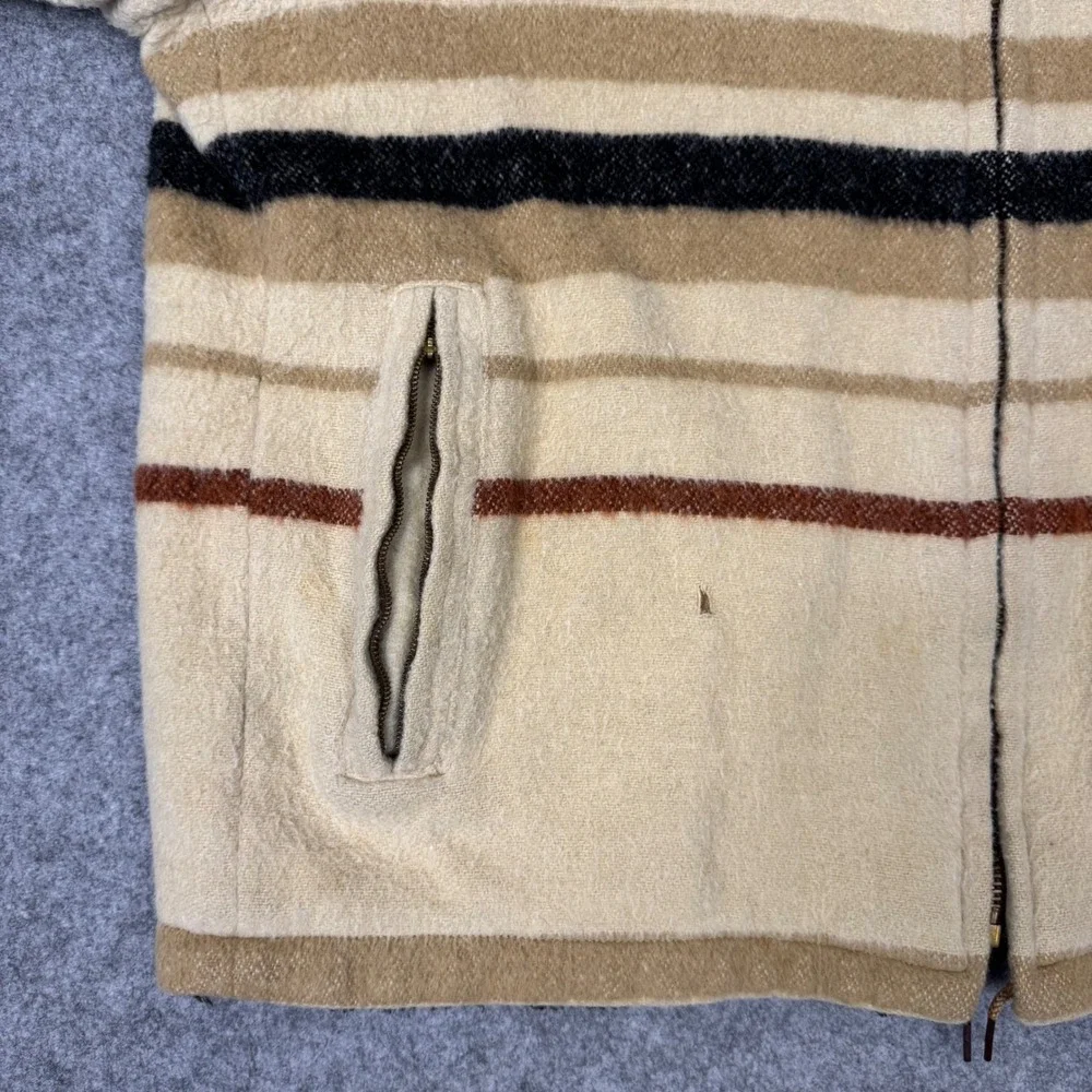 Vintage Wool Striped Hooded Jacket Mens Tan Brown Hudson Bay Style Sherpa Lined